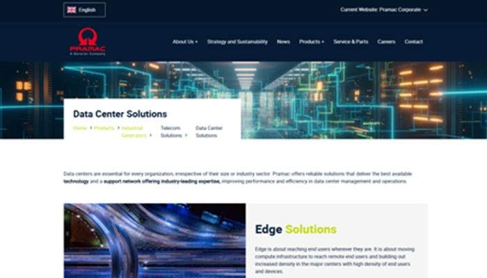 | tycoonstory media Hero banner for data center solutions showing a data center with glowing blue network lines and a white overlay card reading 'data center solutions'.