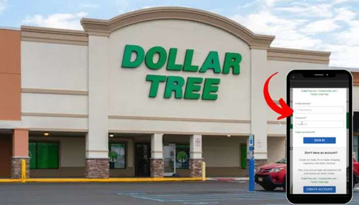 Benefits of using the dollar tree compass employee portal - tycoonstory | tycoonstory media Dollar tree compass employee portal mobile login illustration featuring a dollar tree storefront, smartphone sign-in screen, and red arrow highlighting employee access.