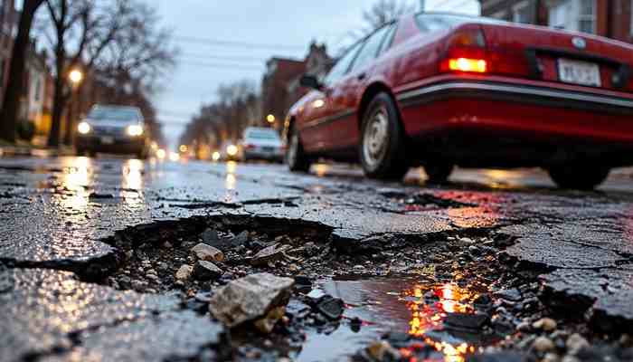 Does it matter whether denver knew about the pothole? | tycoonstory media Pothole in a wet city street with rocks, as a red car drives by in the background.