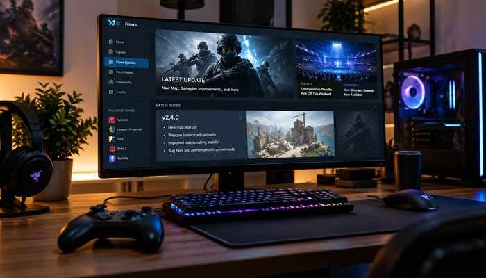 Why gaming updates from etruesports etruegames matter to players - tycoonstory | tycoonstory media Gaming updates from etruesports etruegames shown on a desktop gaming setup with patch notes, game announcements, and esports coverage.