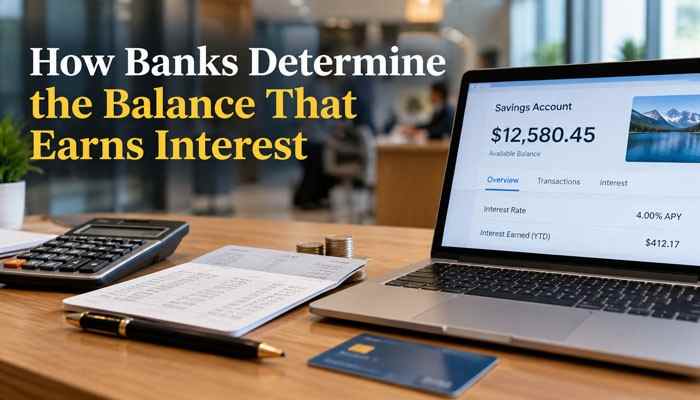 How banks determine the balance that earns interest - startup editor | tycoonstory media Apy vs interest rate concept showing a savings account balance, calculator, and financial records used to understand how banks calculate interest earnings.