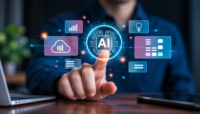 The 8 best agentic ai platforms for workflow automation in 2026 | tycoonstory media Person taps a glowing ai hub with floating data cards and icons around it, on a desk setup with a laptop nearby.