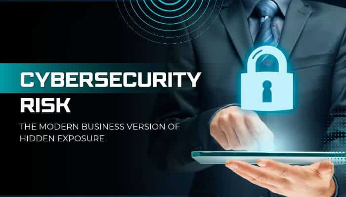 Campo minado - tycoonstory | tycoonstory media Campo minado cybersecurity risk concept showing a business professional using a tablet with a digital padlock, representing hidden cyber threats, data exposure, and business risk management.