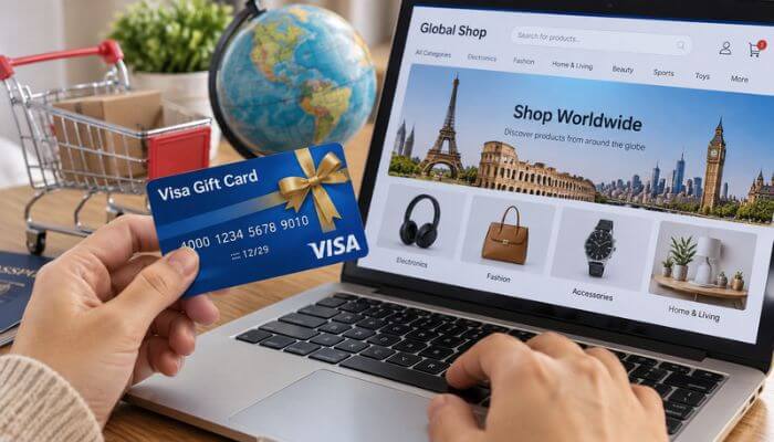 Can visa gift cards be used internationally for online shopping 1 | tycoonstory media Can visa gift cards be used internationally for online shopping? Person holding a visa gift card beside a laptop displaying a global shopping website.