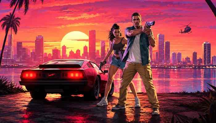 Can you pre-order gta 6 for pc - tycoonstory | tycoonstory media Gta 6 precommande concept artwork showing two armed characters beside a sports car at sunset, with palm trees, helicopters, and a vice city-inspired skyline.