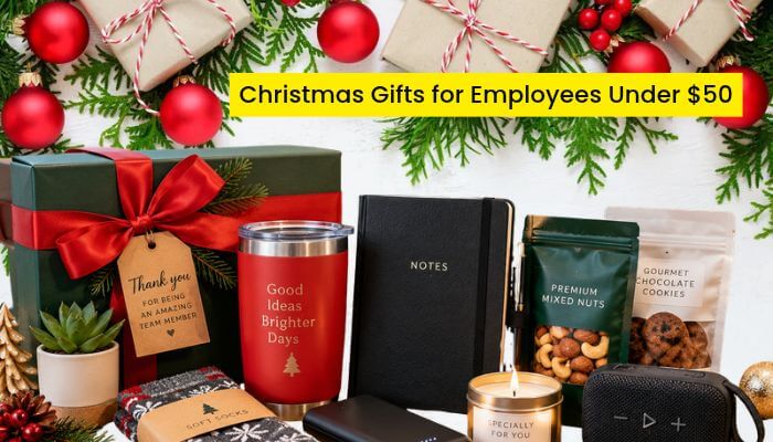Christmas gifts for employees under 1 | tycoonstory media Christmas gifts for employees under featuring a travel tumbler, notebook, gift box, gourmet snacks, candle, and practical accessories.