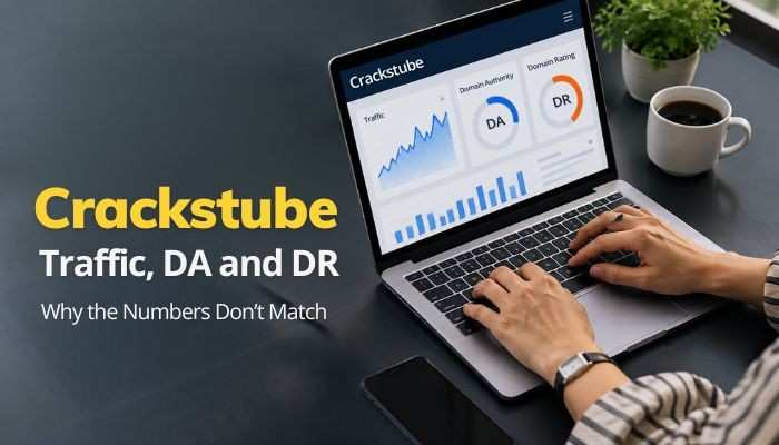 Crackstube - tycoonstory | tycoonstory media Crackstube traffic analytics displayed on a laptop, comparing website traffic, domain authority (da), and domain rating (dr) metrics.