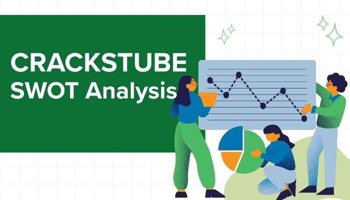 Crackstube - tycoonstory | tycoonstory media Crackstube swot analysis illustration showing a team reviewing charts and graphs to assess strengths, weaknesses, opportunities, and threats.