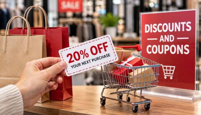 Discounts and coupons 1 | tycoonstory media Consumer incentives with 20% off coupon, shopping bags and discount promotion