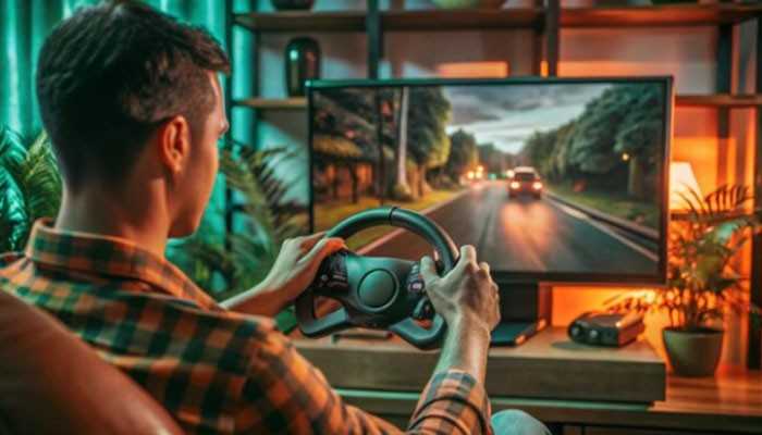 Do gta 6 digital pre-orders include gta - tycoonstory | tycoonstory media Gta 6 precommande gaming setup showing a player using a racing wheel while driving through a realistic open-world road scene on a large monitor.
