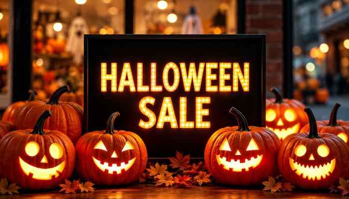 Does spirit halloween offer coupons and discounts - tycoonstory | tycoonstory media Spirit halloween sale display featuring glowing jack-o'-lanterns, a halloween sale sign, and festive pumpkins promoting seasonal shopping deals.