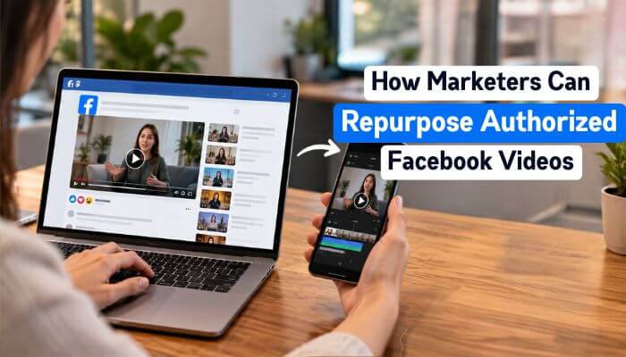 Download video fb aplikasi - tycoonstory | tycoonstory media Download video fb aplikasi concept showing a marketer repurposing authorized facebook videos from a laptop to a smartphone for social media content.