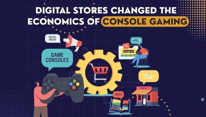 Eurogamersonline console - tycoonstory | tycoonstory media Eurogamersonline console illustration showing game consoles, digital stores, social media, websites, and online shopping shaping the economics of console gaming.