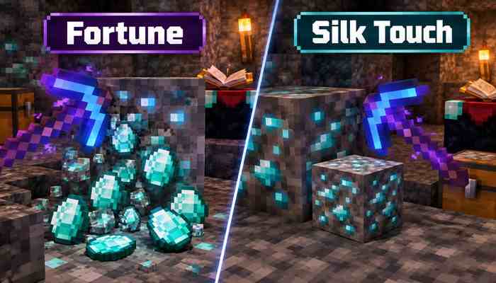 Fortune vs silk touch for diamonds - tycoonstory | tycoonstory media What y level is diamonds in minecraft mining comparison showing fortune and silk touch enchanted pickaxes, with fortune increasing potential diamond drops and silk touch collecting diamond ore blocks intact.