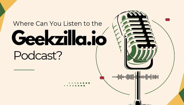 Geekzilla. Io podcast - tycoonstory | tycoonstory media Geekzilla. Io podcast listening guide featuring a vintage microphone illustration and audio waveform, highlighting where listeners can find the podcast.