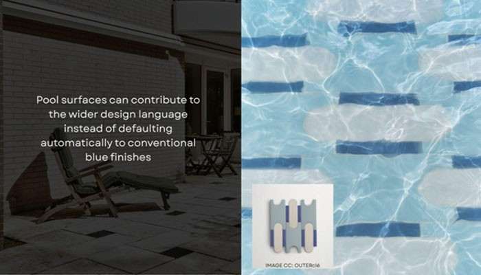 | tycoonstory media Two-panel image: left shows a shaded patio with a lounge chair and white text about pool surfaces influencing design language; right shows a blue tiled pool with water ripples and a small logo in the corner.