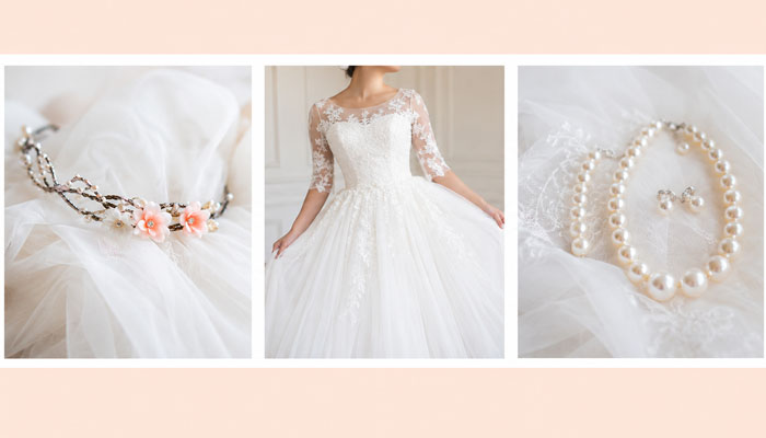 What modern bridal style is up to now shaping with minimalist settings? | tycoonstory media Three-panel collage showing a pink-flower headpiece on tulle, a bride in a white lace wedding dress, and a pearl necklace with earrings on fabric.