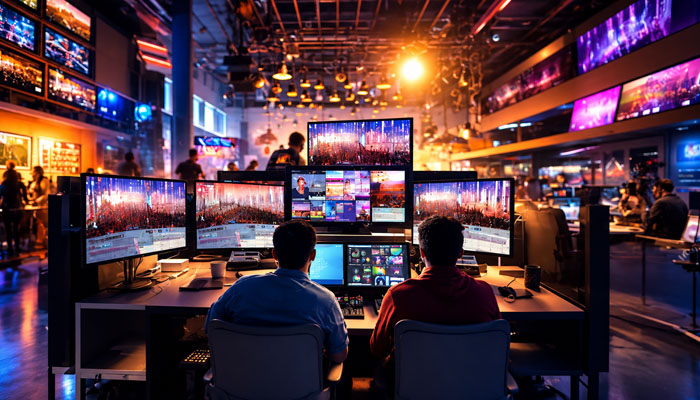 The entertainment sector supports other businesses | tycoonstory media Two people sit at a desk in a busy broadcast studio, surrounded by many monitors displaying live footage and cityscapes.