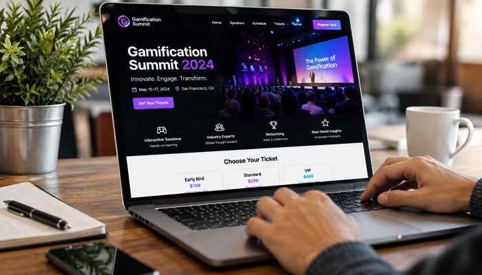 How to set up a gamified ticket sales website - tycoonstory | tycoonstory media Websites for ticket sales gamificationsummit illustrated on a laptop showing conference registration, ticket pricing, and event networking features.
