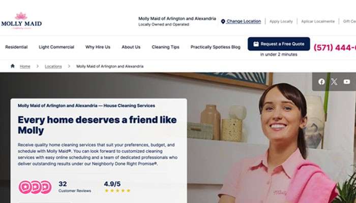 Molly maid | tycoonstory media Smiling molly maid cleaner in a pink uniform in a home setting, with the headline 'every home deserves a friend like molly' overlaying the image.
