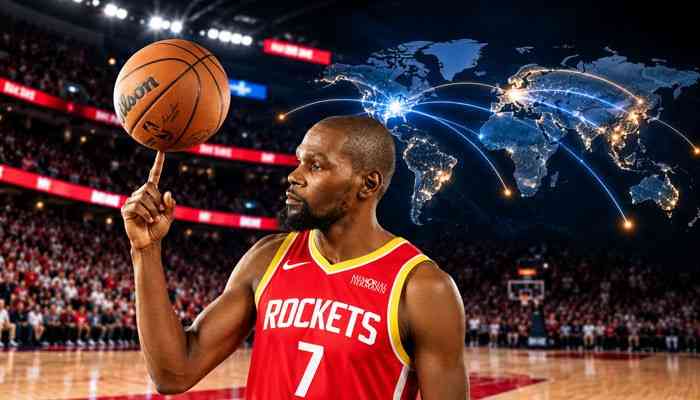 Houston rockets game times in different time zones - tycoonstory | tycoonstory media Rockets games time zone guide featuring kevin durant spinning a basketball in a houston rockets jersey, with a global map illustrating international nba game times.