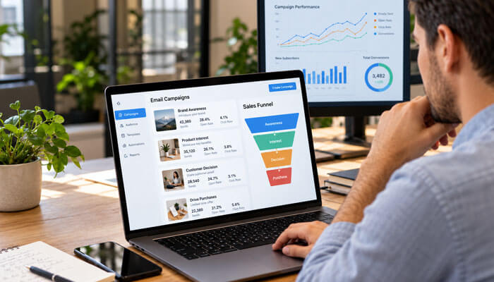 How email marketing campaigns support the sales funnel - tycoonstory | tycoonstory media Man analyzing email marketing campaigns on a laptop, with a sales funnel dashboard and performance charts on screen.