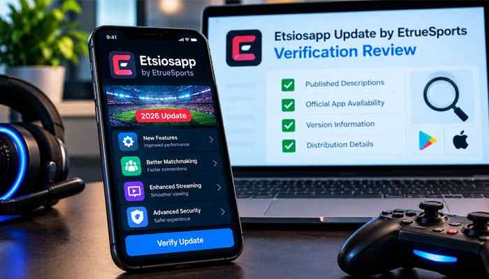 How the etsiosapp update by etruesports was verifie - tycoonstory | tycoonstory media Etsiosapp update by etruesports verification review showing a smartphone, laptop checklist, gaming controller, and reported 2026 app features.