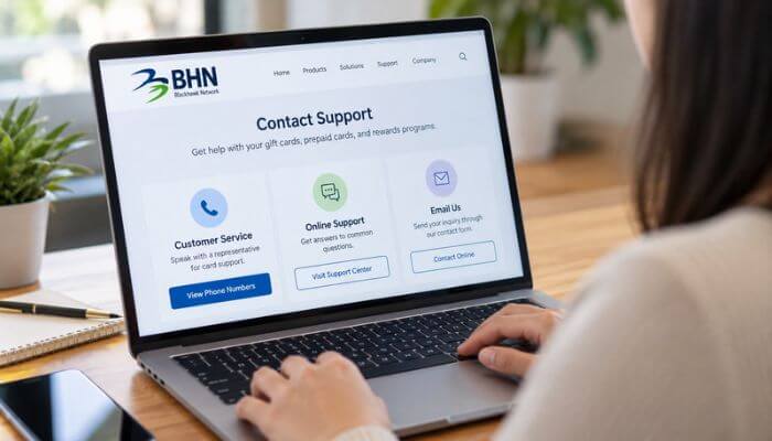 How to contact bhn customer service online 1 | tycoonstory media Bhn customer service online support page displayed on a laptop with phone, chat, and email contact options.