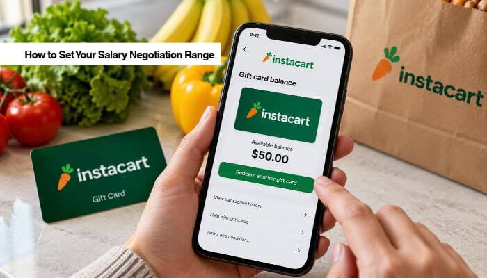 How to set your salary negotiation range 1 | tycoonstory media Instacart gift card balance displayed on a smartphone beside groceries and an instacart shopping bag.