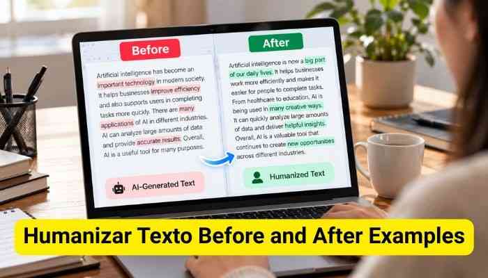 Humanizar texto - tycoonstory | tycoonstory media Humanizar texto before and after examples showing ai-generated text compared with humanized content on a laptop for improved readability.