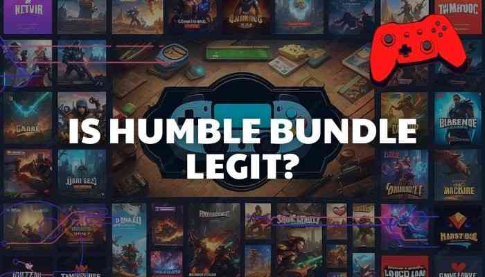 Humble bundle - tycoonstory | tycoonstory media Humble bundle legitimacy graphic featuring a collection of digital games and a red gaming controller, highlighting whether humble bundle is a trusted game marketplace.