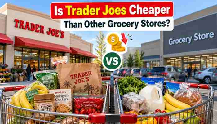Is trader joes cheaper than other grocery stores? - tycoonstory | tycoonstory media Trader joes grocery price comparison showing two shopping carts filled with fresh produce, packaged foods, and everyday essentials outside supermarkets.