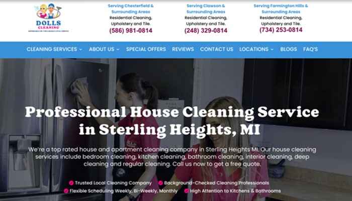 Dolls cleaning (chesterfield) | tycoonstory media Hero image on a cleaning site showing two workers cleaning a window with the sterling heights, mi headline.