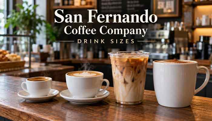 San fernando coffee company drink sizes - startup editor | tycoonstory media San fernando coffee company 2026 drink sizes displayed with small, medium, and large hot coffee cups alongside an iced coffee in a café setting.