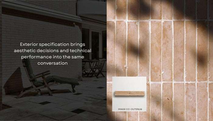 Material character still has to meet technical performance | tycoonstory media Split image: left side shows an outdoor patio with a lounge chair and an overlaid quote about exterior specification guiding design and performance; right side shows a brick wall with a small white card and a wooden sample.