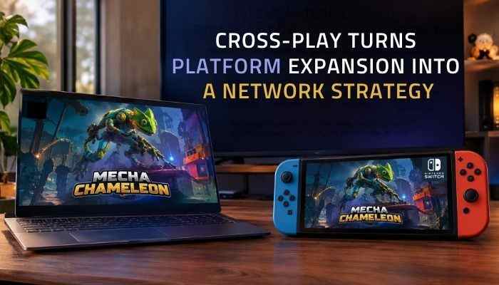 Mecha chameleon - tycoonstory | tycoonstory media Mecha chameleon cross-play gameplay displayed on a gaming laptop and nintendo switch, highlighting platform expansion and connected multiplayer gaming.