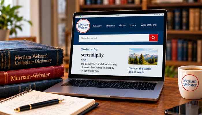 Merriam webster added 1400 words and definitions in 2026 - tycoonstory | tycoonstory media Merriam webster digital dictionary displayed on a laptop beside classic dictionary books, highlighting online definitions, word of the day, and modern vocabulary resources.