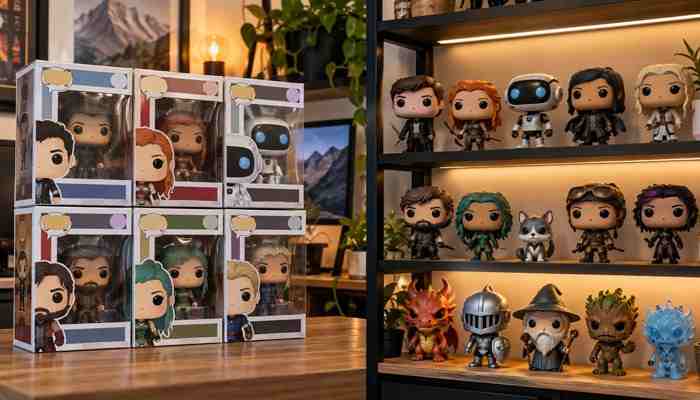 Boxed vs. Unboxed funko pop display - tycoonstory | tycoonstory media Display case for funko pops comparison showing boxed collectibles in protective cases beside unboxed figures arranged on illuminated display shelves.