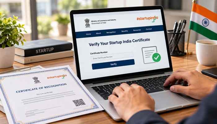 How to verify a startup india certificate online - tycoonstory | tycoonstory media Laptop displaying the startup india certificate verification process, with a dpiit recognition document and certificate number search.
