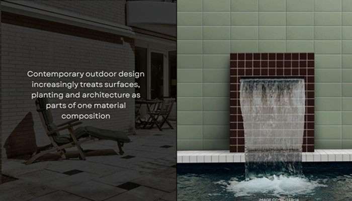 The outdoors is becoming part of the design brief | tycoonstory media Two-panel image: left shows an outdoor patio with chairs and a text quote about contemporary outdoor design; right shows a water feature built into a green-tiled wall framed by dark red tiles.