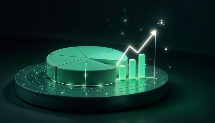 Plug power cash position debt and shareholder dilution risk - tycoonstory | tycoonstory media Plug stock financial outlook illustrated by a green 3d pie chart, rising bar graph, and upward arrow representing potential growth and recovery.