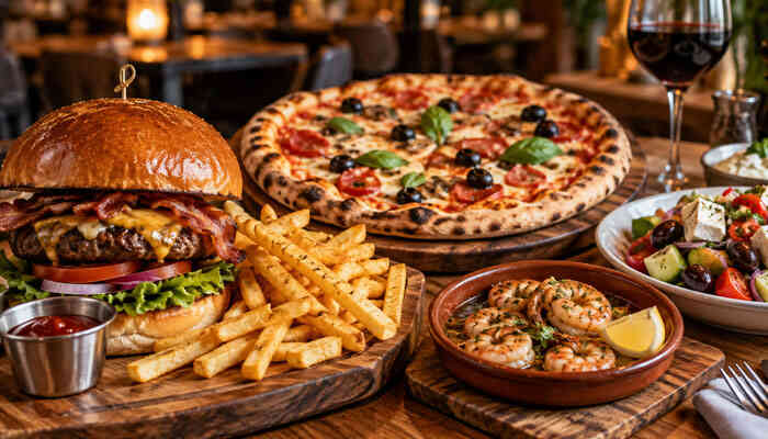 Popular food on the carabas menu - tycoonstory | tycoonstory media Carabas popular food with burger, fries, pizza, shrimp and mediterranean salad