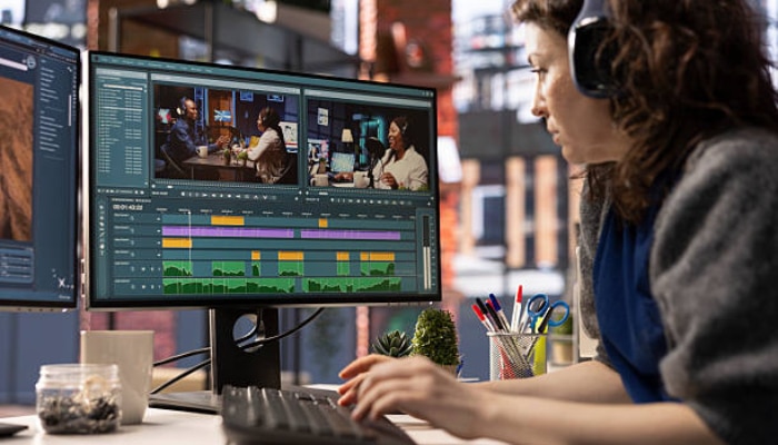 Seedaudio 1 5 1 | tycoonstory media Video editor wearing a headset works at a desk with three monitors showing video timelines and footage.
