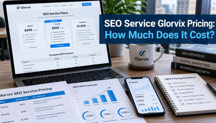 Seo service glorvix pricing how much does it cost - tycoonstory 1 | tycoonstory media Seo service glorvix pricing illustration with two professionals comparing seo service packages beside a proposal and calculator.