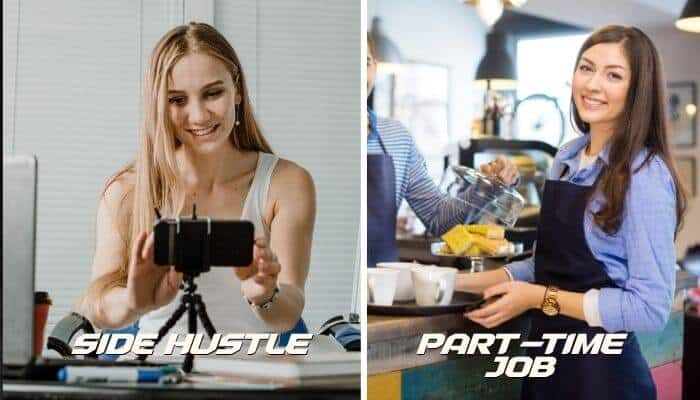 Side hustle vs part time job 1 | tycoonstory media What is a side hustle comparison showing a woman creating online content beside a woman working a traditional part-time café job.