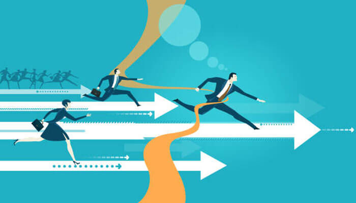 Speed and execution: where the difference shows | tycoonstory media Illustration of businesspeople in suits racing along white arrows on a blue background toward a far-right arrow, symbolizing competition and progress.