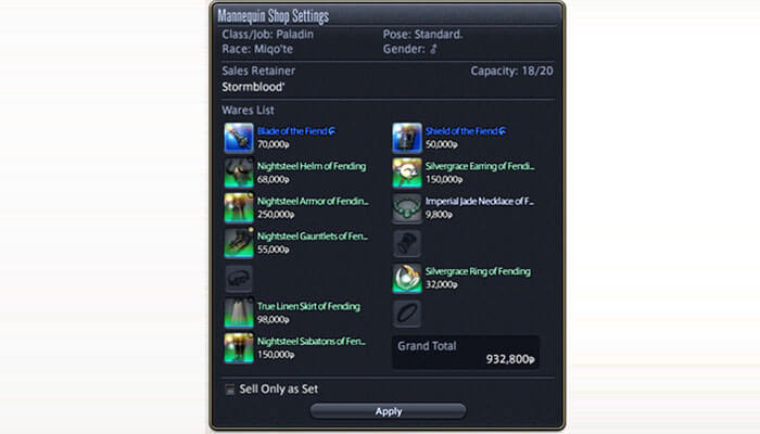 Using a mannequin to avoid market board fees | tycoonstory media In-game shop window titled'Mannequin Shop Settings' listing Paladin gear with prices and a grand total of 932,800g on the right side.