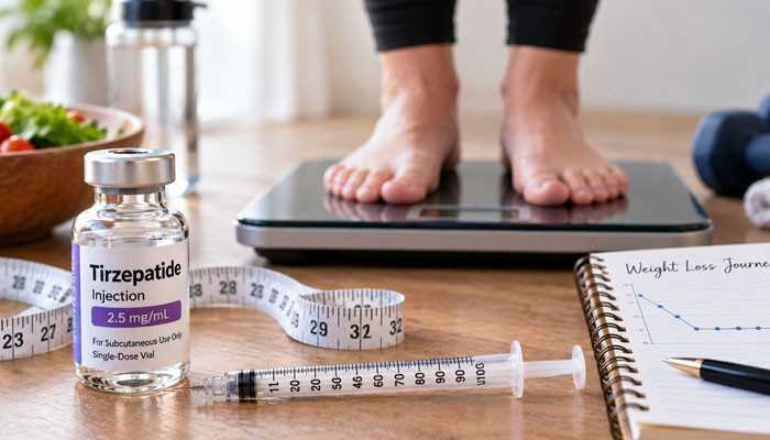 What happens when weight loss plateaus on tirzepatide - tycoonstort | tycoonstory media Tirzepatide dosing for weight loss in units with injection vial, syringe, measuring tape, digital scale, and weight loss progress journal.