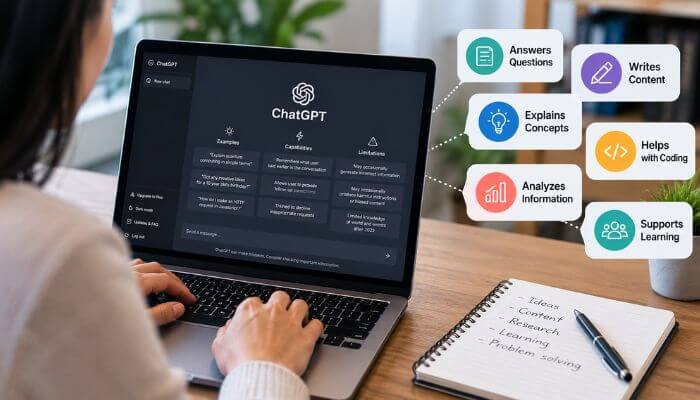 What is chatgpt work 1 | tycoonstory media Chat gpt ai workspace showing writing, coding, analysis and learning features on a laptop