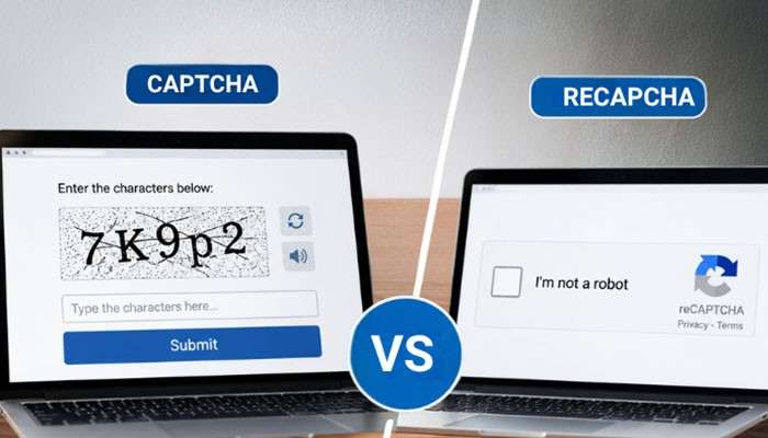What is the difference between captcha and recaptcha - tycoonstory | tycoonstory media What is a captcha challenge response comparison showing a traditional text captcha beside google recaptcha “i’m not a robot” verification used to help distinguish legitimate users from automated bots.